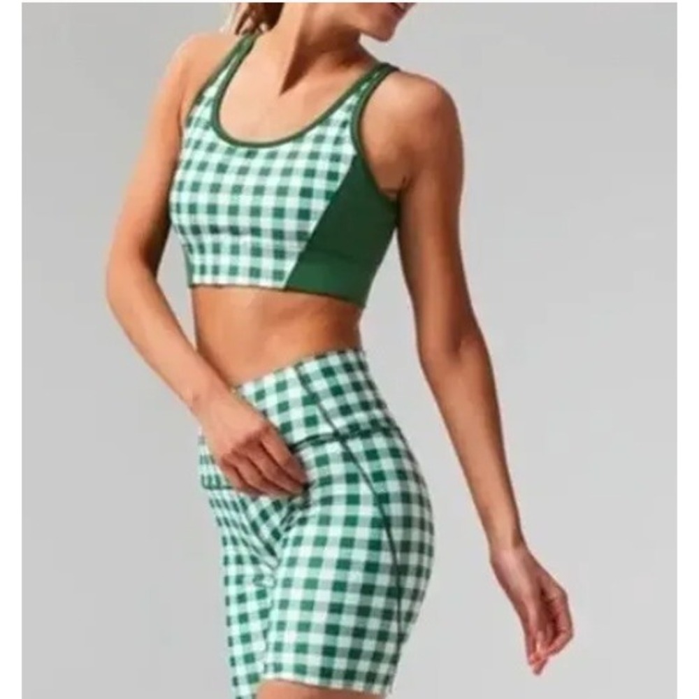 Tuckernuck TNUCK Sport Trellis Gingham High Neck Sports Bra Green NWT S Preppy